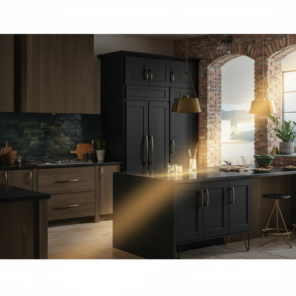 Cucina in legno massello con colonna nera, isola con piano in laminam e pareti in mattoni