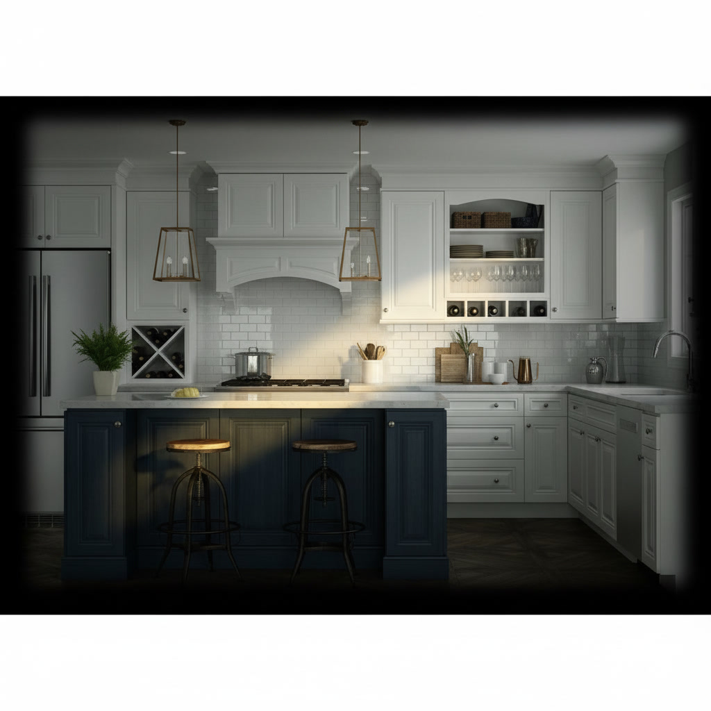 Cucina classica bianca con isola blu, fuochi, forno, frigo a doppia anta e lanterne dorate