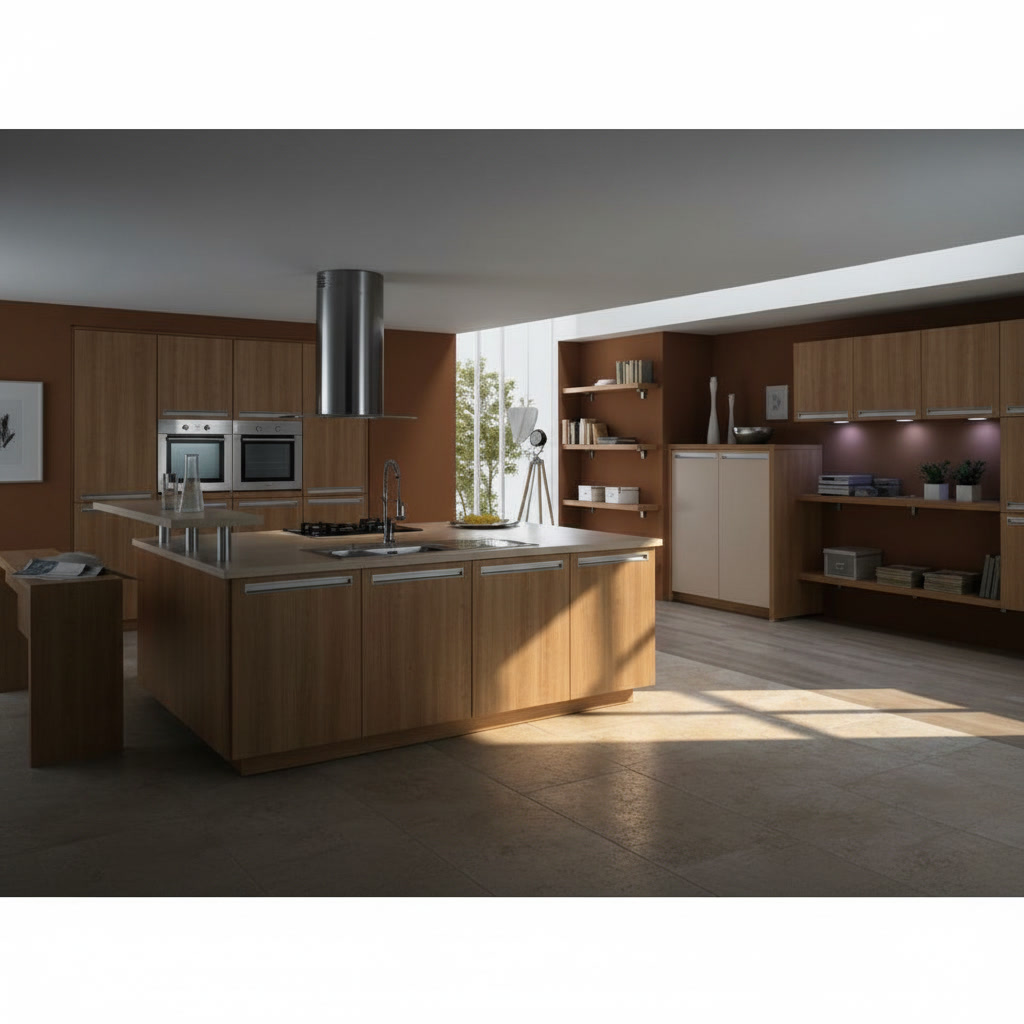 Cucina in legno chiaro con isola centrale con lavello integrato e piani in acciaio