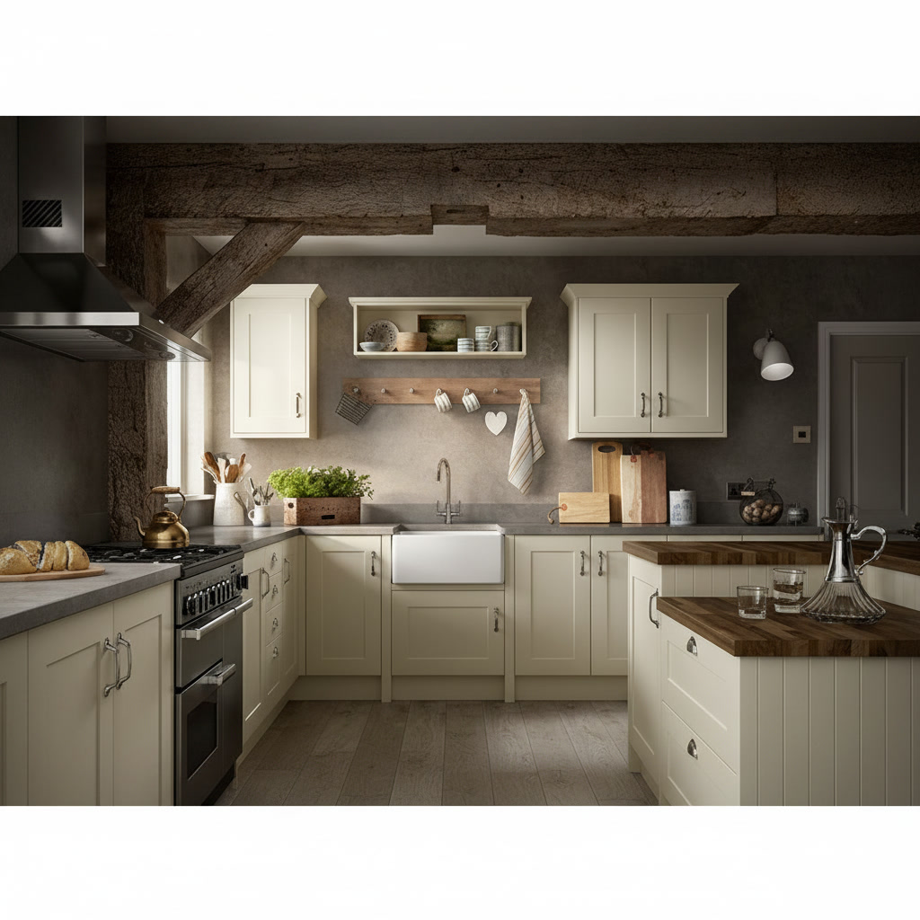 Cucina crema stile cottage con travi a vista, top in legno massello e isola centrale