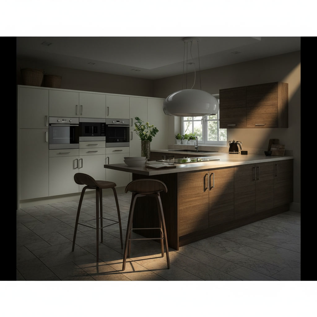 Cucina bianca con top in laminam, penisola in legno grigio con sgabelli e lavello integrato