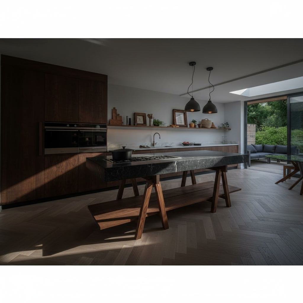 Cucina in legno rivestita in gres porcellanato con piano su cavalletti in legno e panca