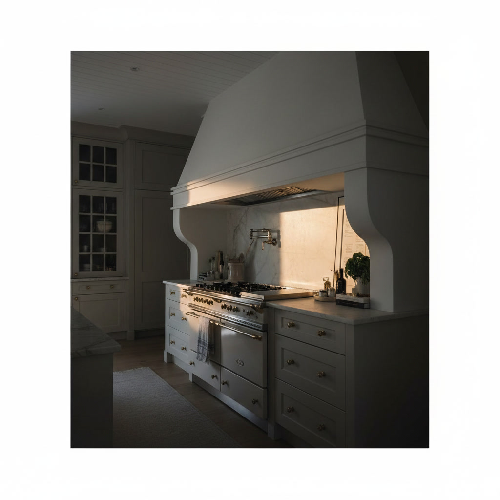 Cucina in legno laccato bianco con spalletta in marmo venato e fornello con forno e cappa