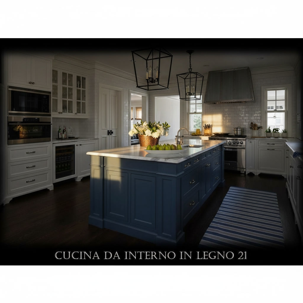 Cucina classica bianca con isola azzurra, lanterne nere e tappeto a righe