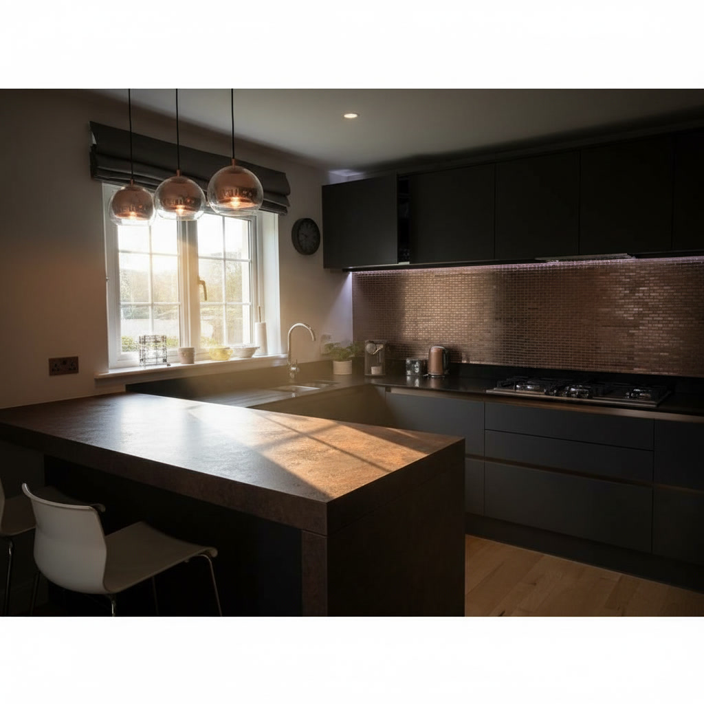Cucina stile industrial con piano in laminam, struttura in legno e mosaico color rame