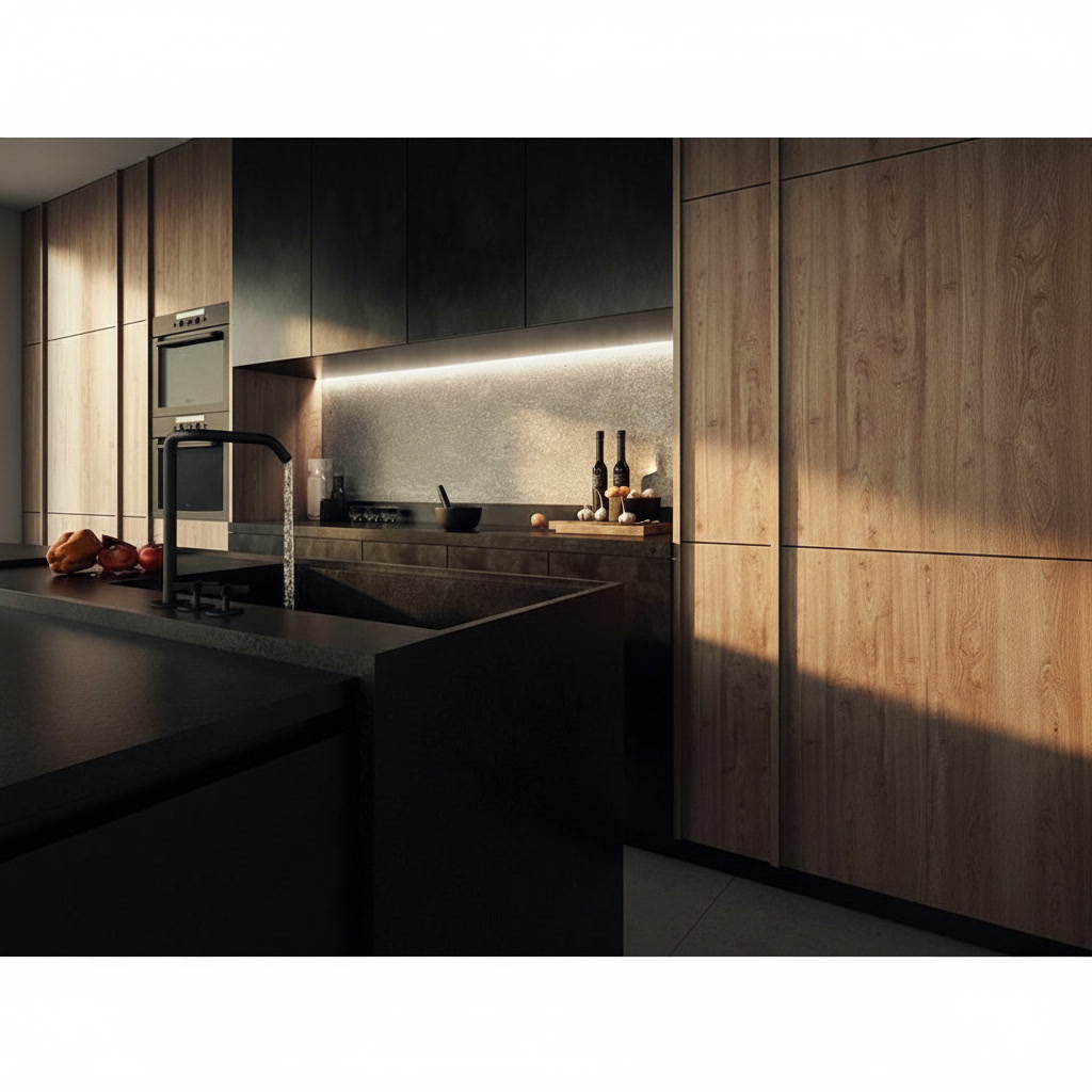 Cucina in legno massello con sportelli a doghe, piano in gres porcellanato e lavello integrato