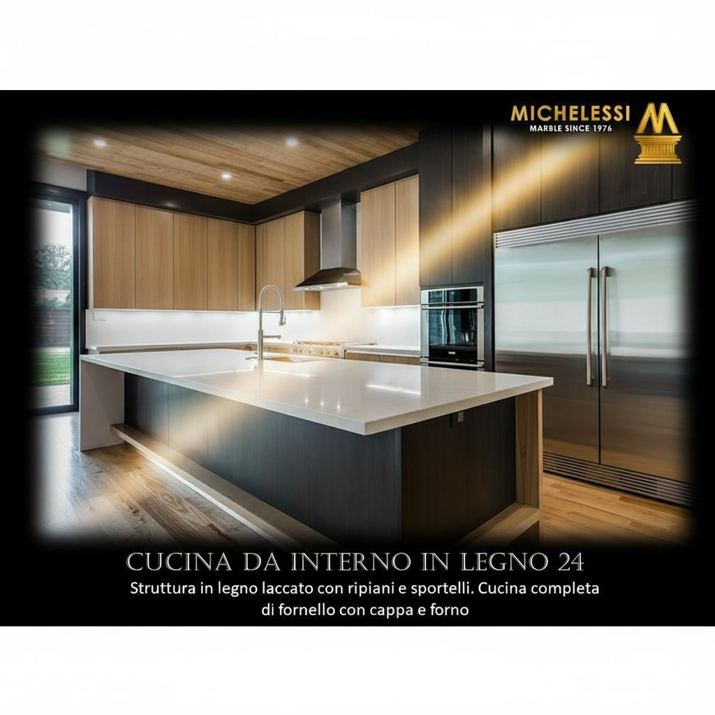 Cucina in legno laccato con ripiani e sportelli, isola bianca, fornello con cappa e forno