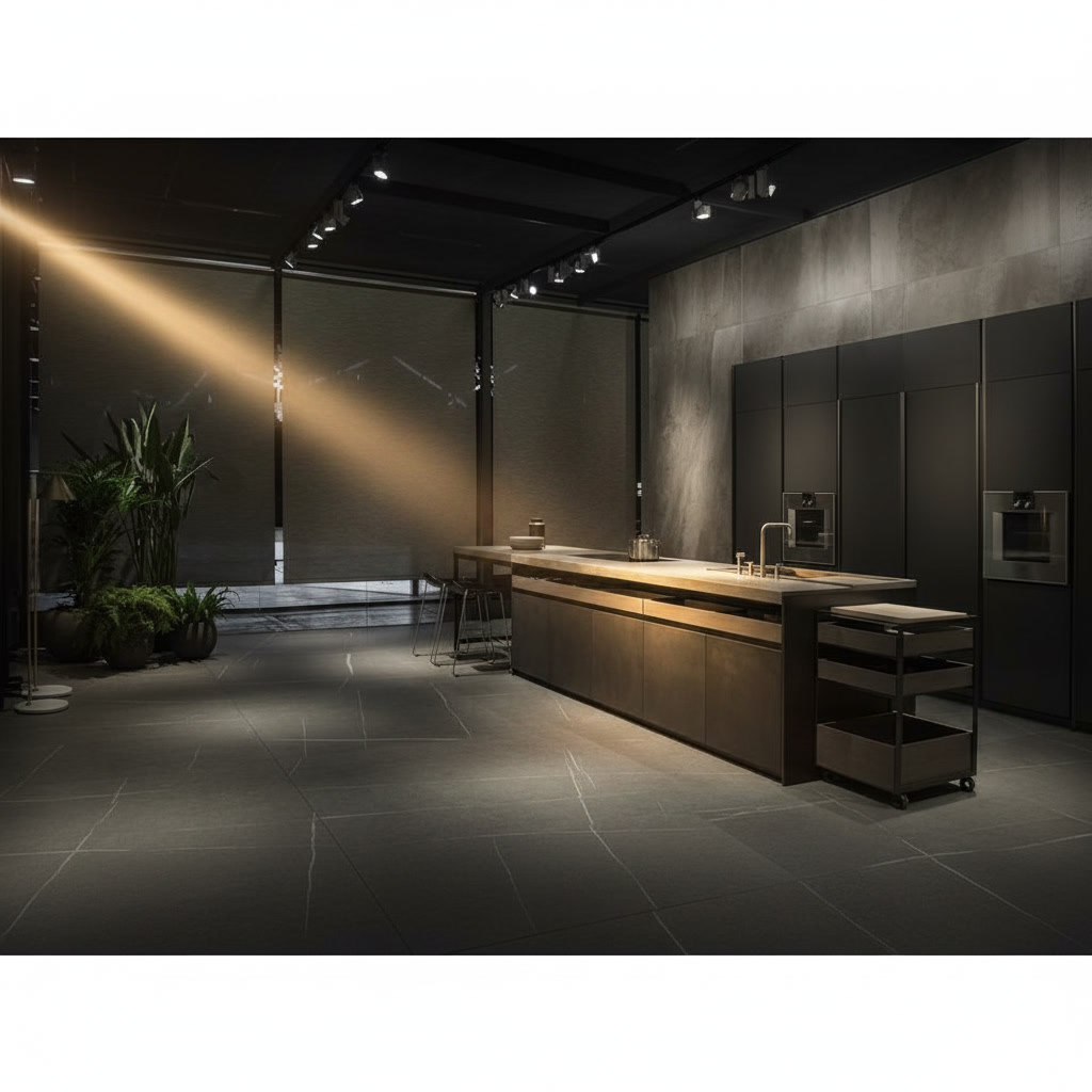 Cucina in legno coperta di laminam con isola lunga, piano a induzione, forno e lavello