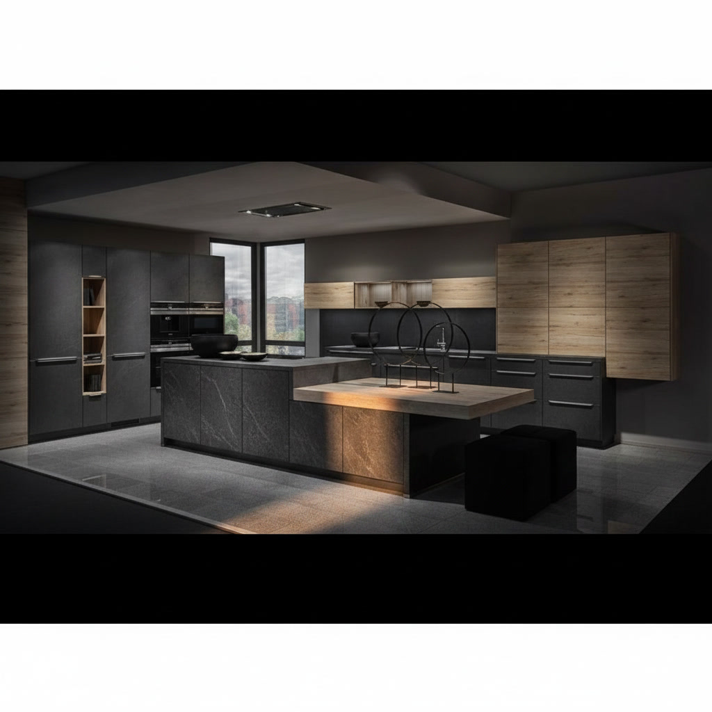 Cucina in legno laccato con piano e sportelli in laminam, isola con tavolo e forni