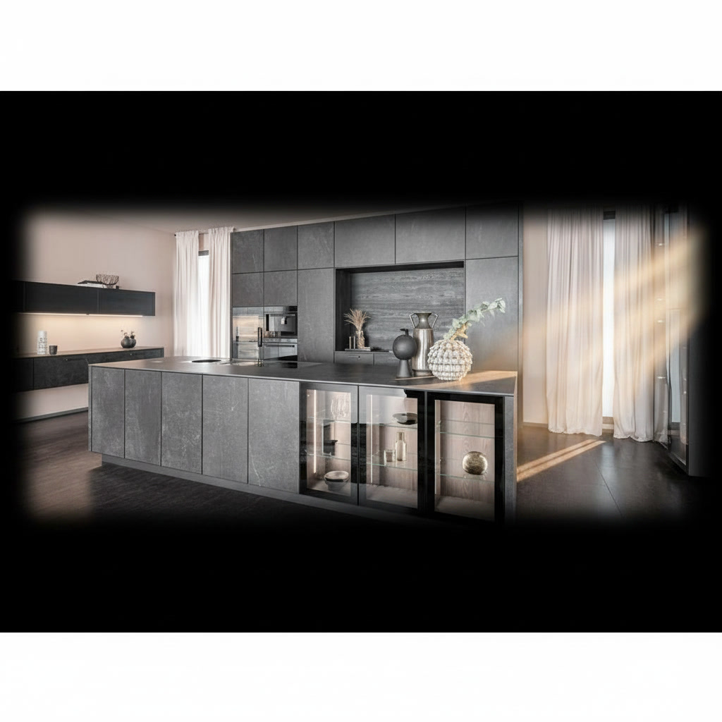 Cucina elegante in legno laccato con piano in laminam e vetro e ripiani con led