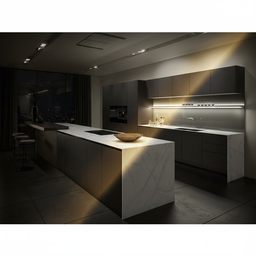 Cucina in legno laccato scuro con isola in travertino venato con tavolo bar e induzione