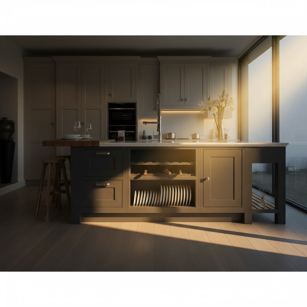 Cucina classica in legno laccato con piano in travertino, portabottiglie e tavolo in massello