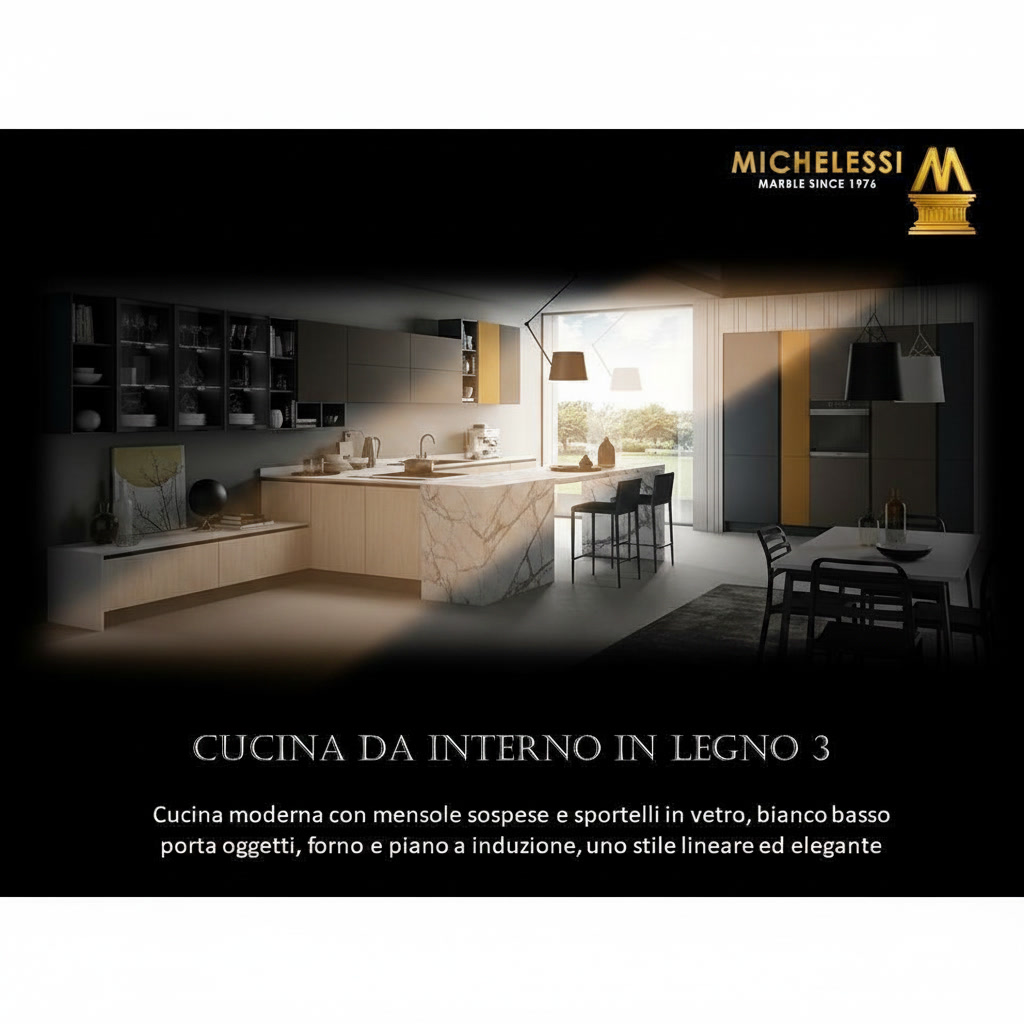 Cucina moderna con mensole sospese, sportelli in vetro, bianco basso porta oggetti e induzione