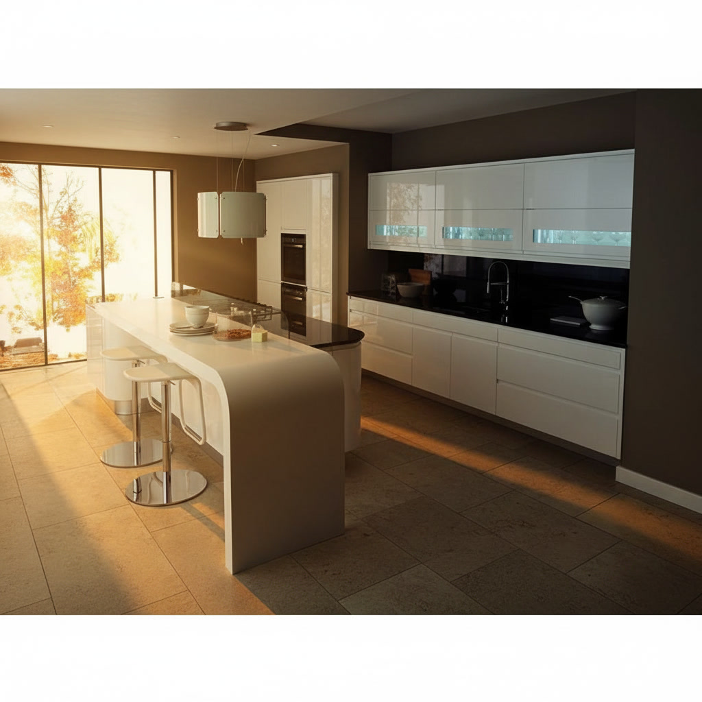 Cucina in legno laccato bianco con bancone curvo, top in gres porcellanato nero e credenze