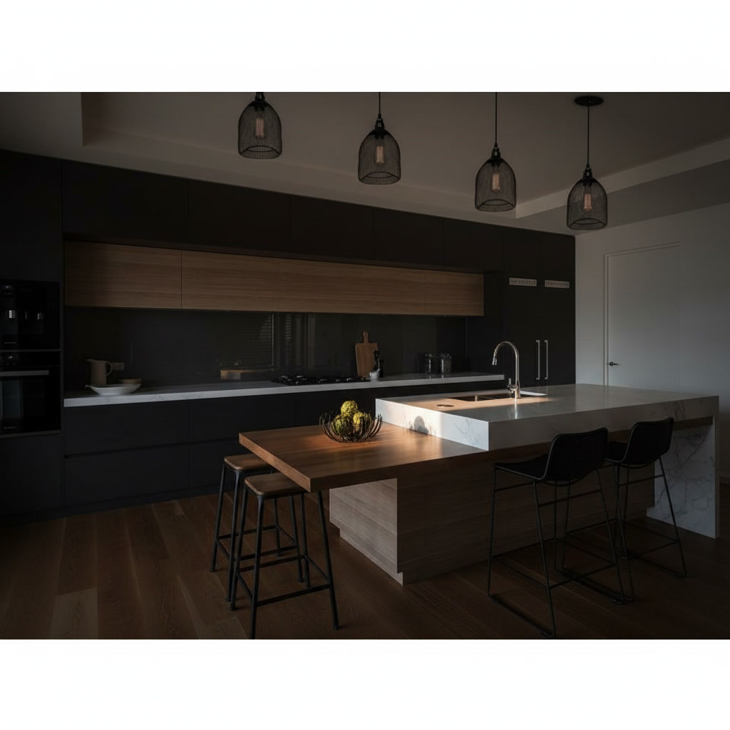 Cucina in legno laccato con isola in travertino bianco, lavello integrato, forno e fornelli
