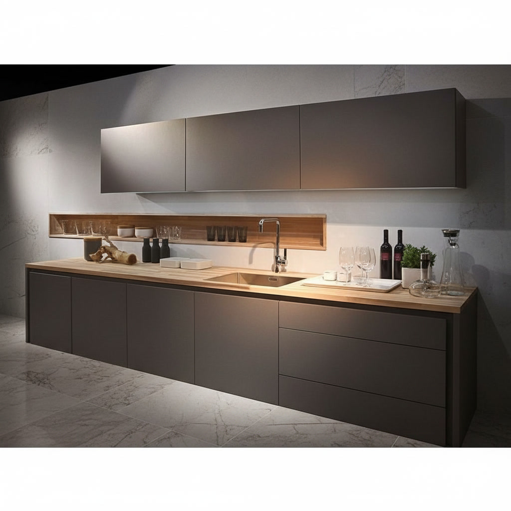 Cucina lineare in legno laccato tortora con lavello, credenza e nicchia in legno