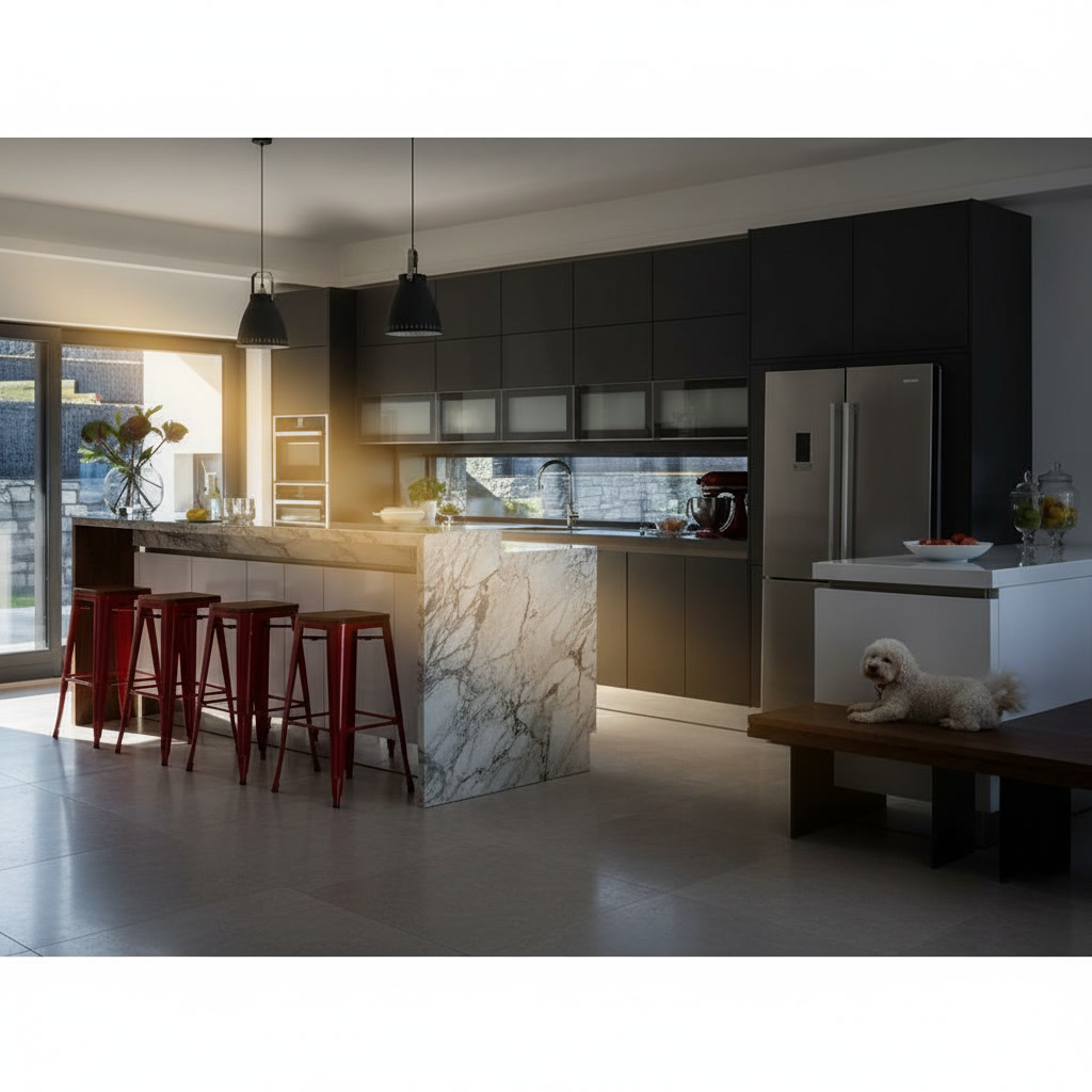 Cucina in legno laccato grigio con piano in travertino, tavolo bar in legno e sgabelli rossi