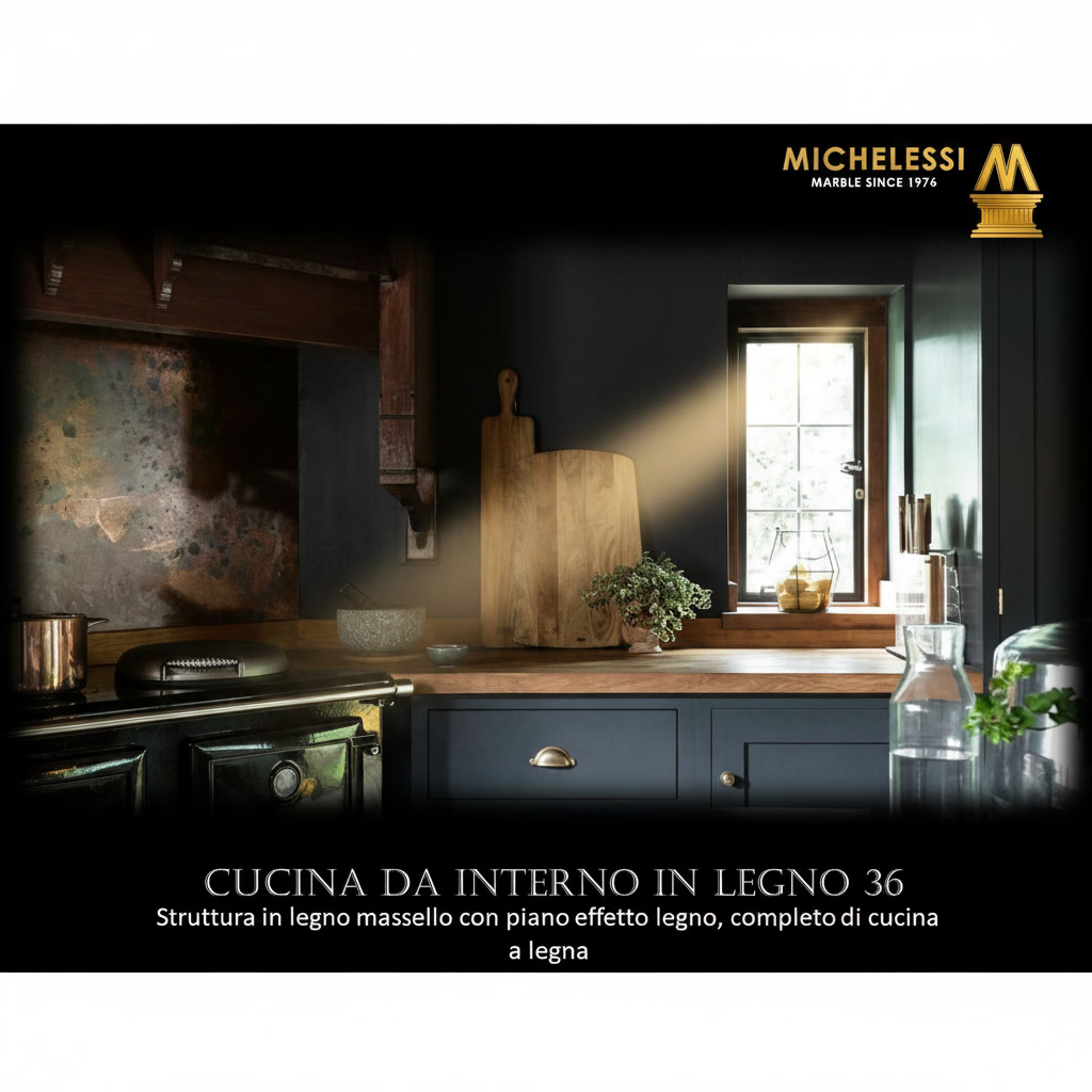 Cucina in legno massello scuro con piano effetto legno e cucina a legna, parete in rame