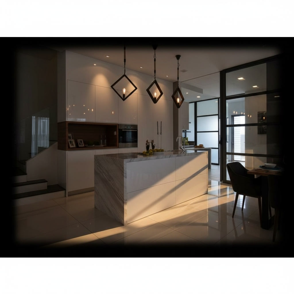 Cucina elegante bianca con isola con piano in travertino venato a cascata e lavello