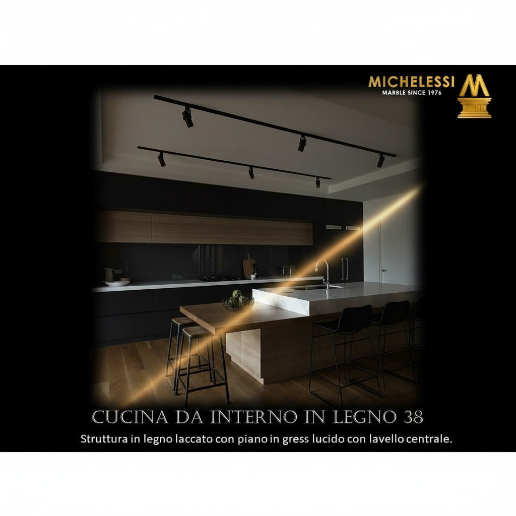 Cucina in legno laccato scuro con isola con piano in gres lucido e lavello centrale