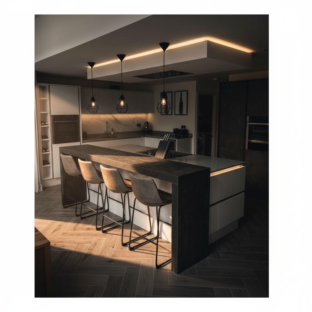 Cucina in legno laccato con piano in laminam, striscia led, tavolo bar e sgabelli