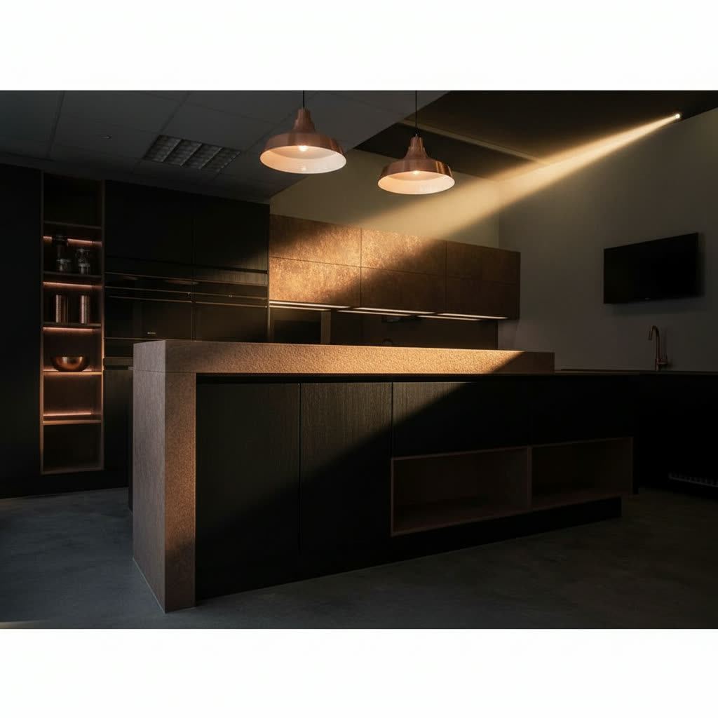 Cucina in legno massello nero con isola centrale, vani in rame, piano cottura, forno e lavello
