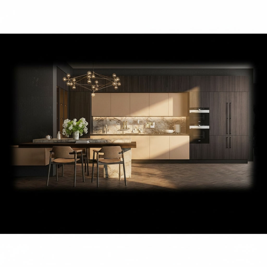 Cucina elegante in legno laccato cipria con sportelli in gres porcellanato e colonne scure
