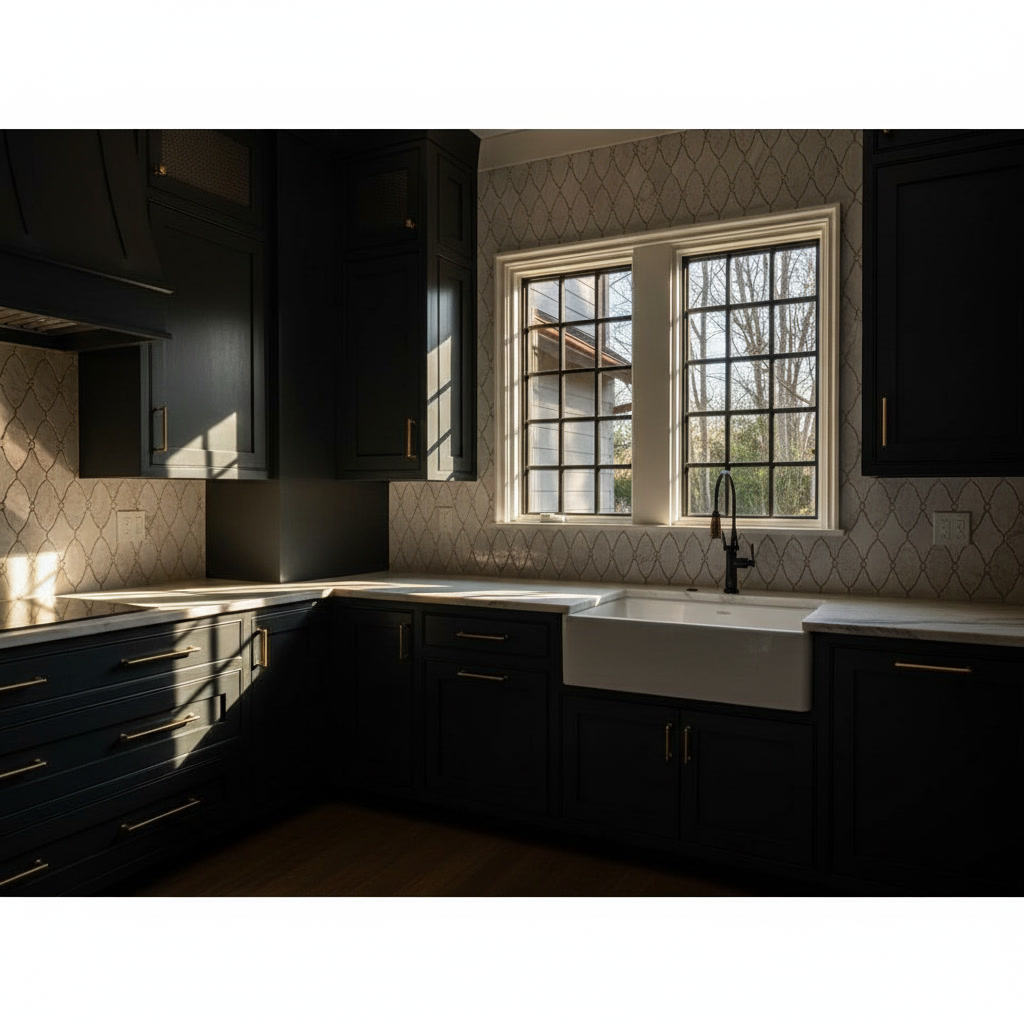 Cucina in legno laccato blu con piano in travertino venato, lavello bianco e mensole