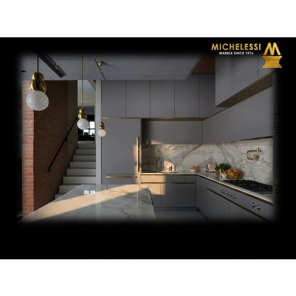 Cucina in legno laccato grigio con piano e spallette in travertino venato e parete in mattoni