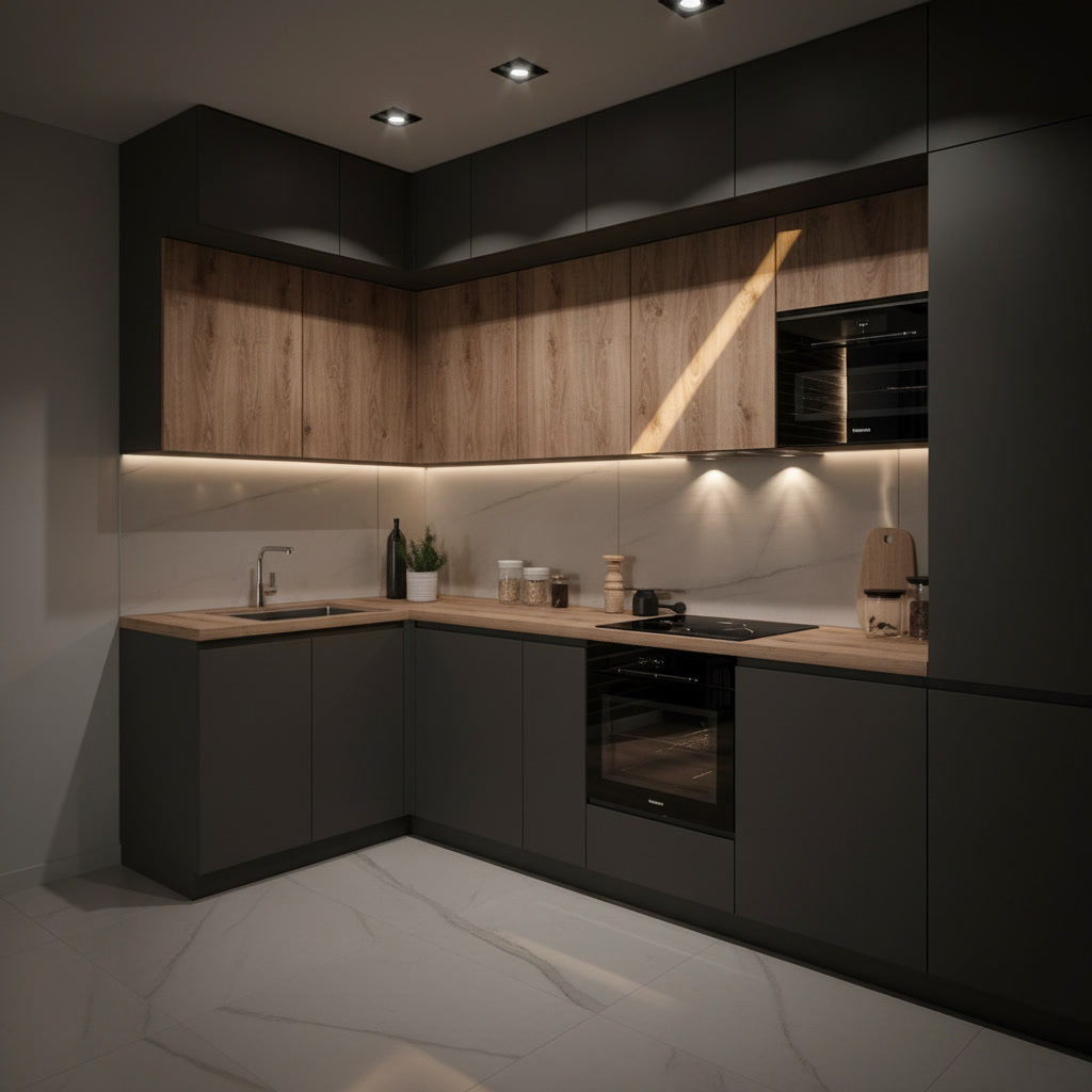Cucina angolare in legno laccato grigio con piano in gres effetto legno, forno e induzione