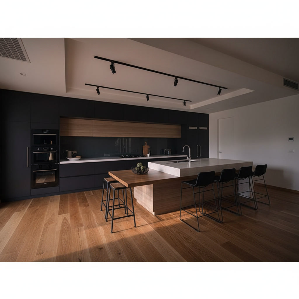 Cucina in legno laccato nero con isola con piano in gres lucido, lavello centrale e bancone