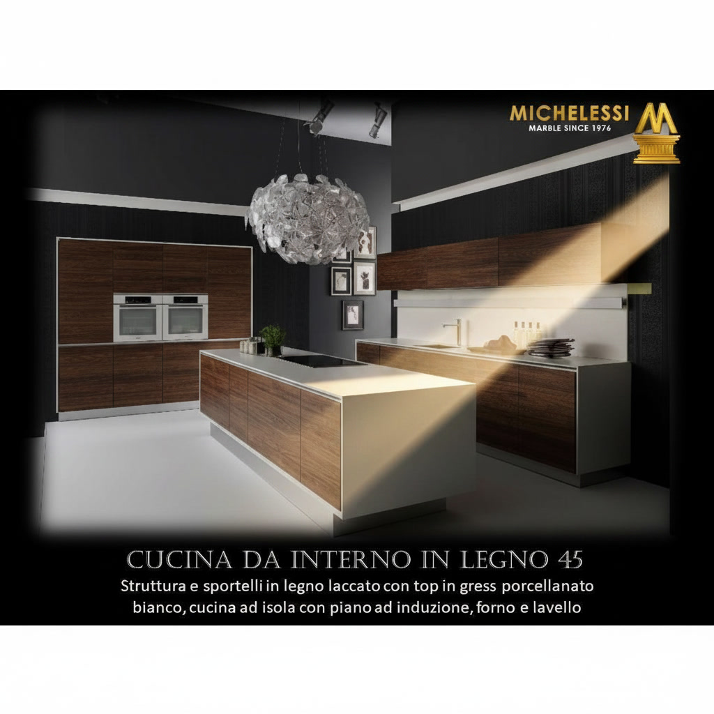 Cucina ad isola con top in gres porcellanato bianco e sportelli in legno noce laccato