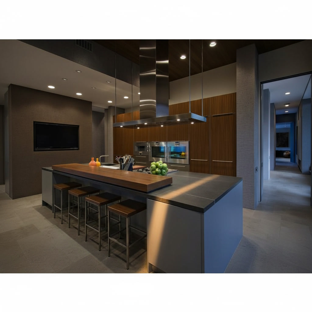 Cucina moderna in legno laccato con piano in gres, cappa a isola in acciaio e bancone
