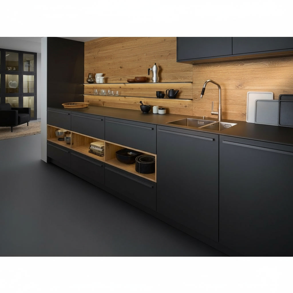 Cucina lineare in legno laccato antracite con piano in gres porcellanato, lavello e ripiani