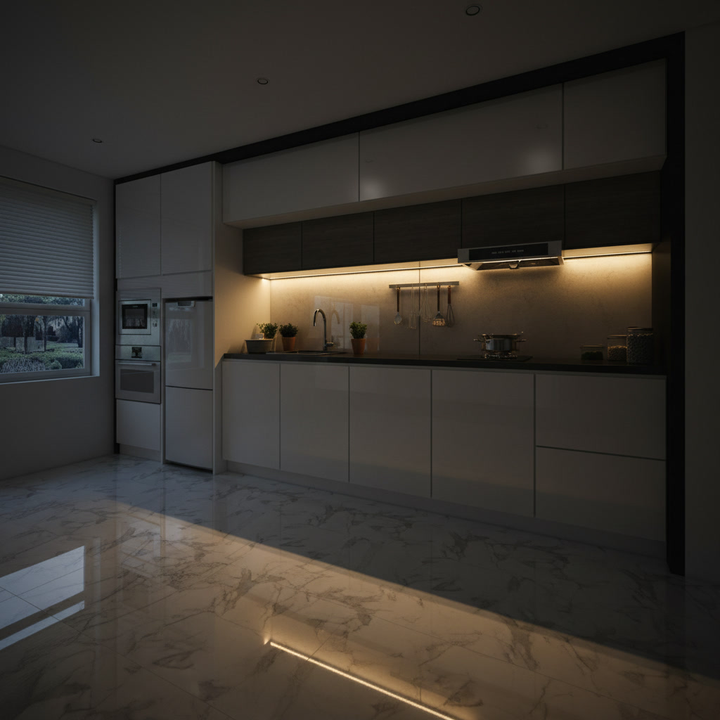 Cucina lineare in legno laccato bianco con piano in gres, lavello, piano cottura, frigo e forno