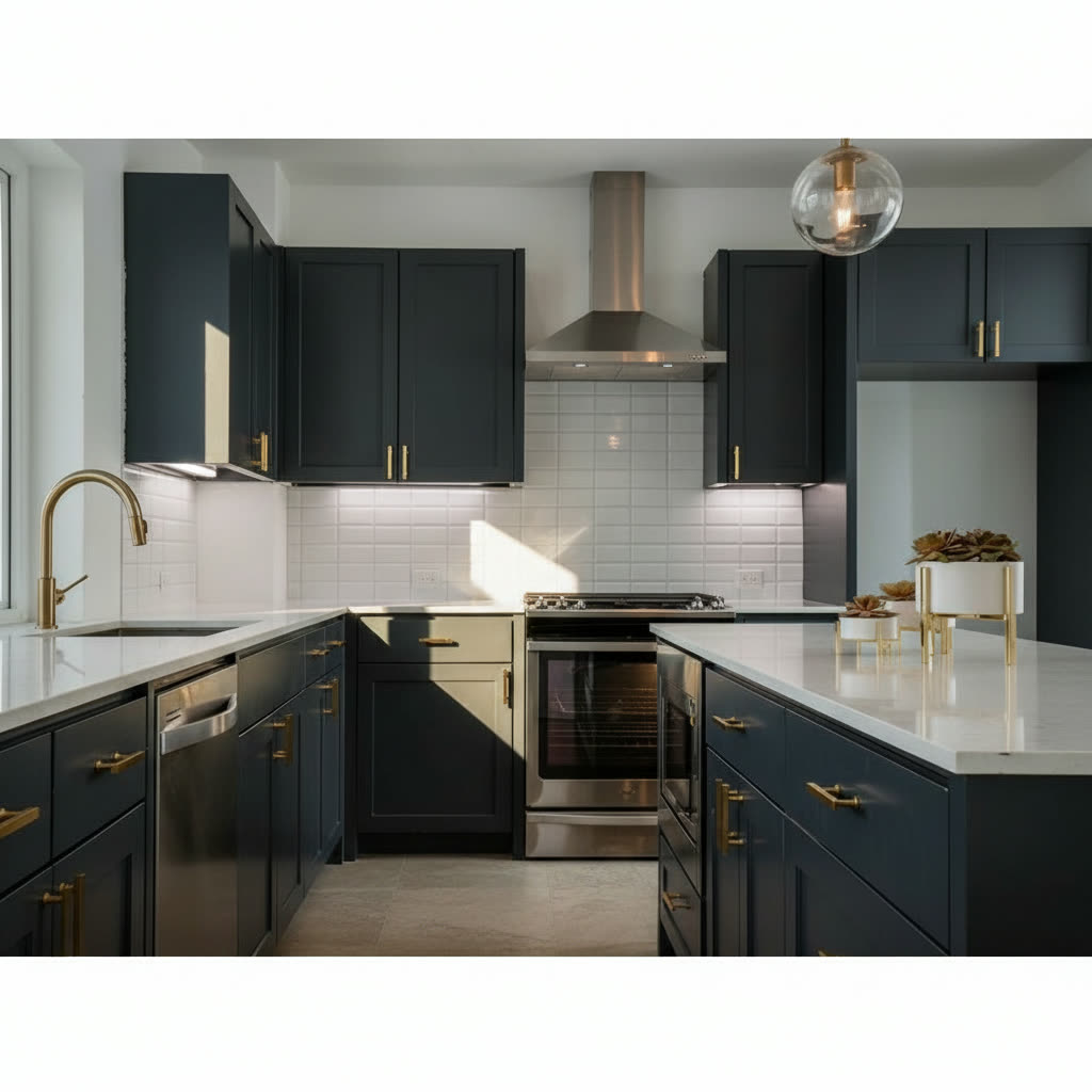 Cucina stile classico in legno laccato grigio con piano in gres porcellanato e maniglie dorate