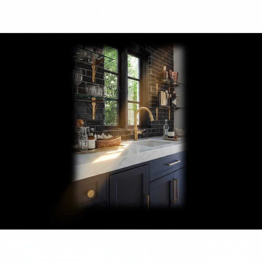 Cucina in legno laccato blu con piano in travertino lucido, lavello integrato e rubinetto dorato