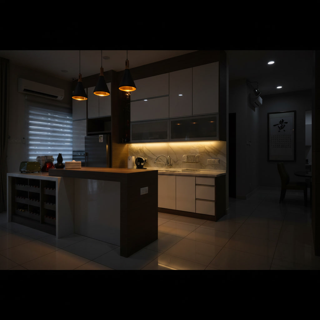 Cucina moderna lineare in legno laccato con lavello integrato, frigo, forno e portabottiglie