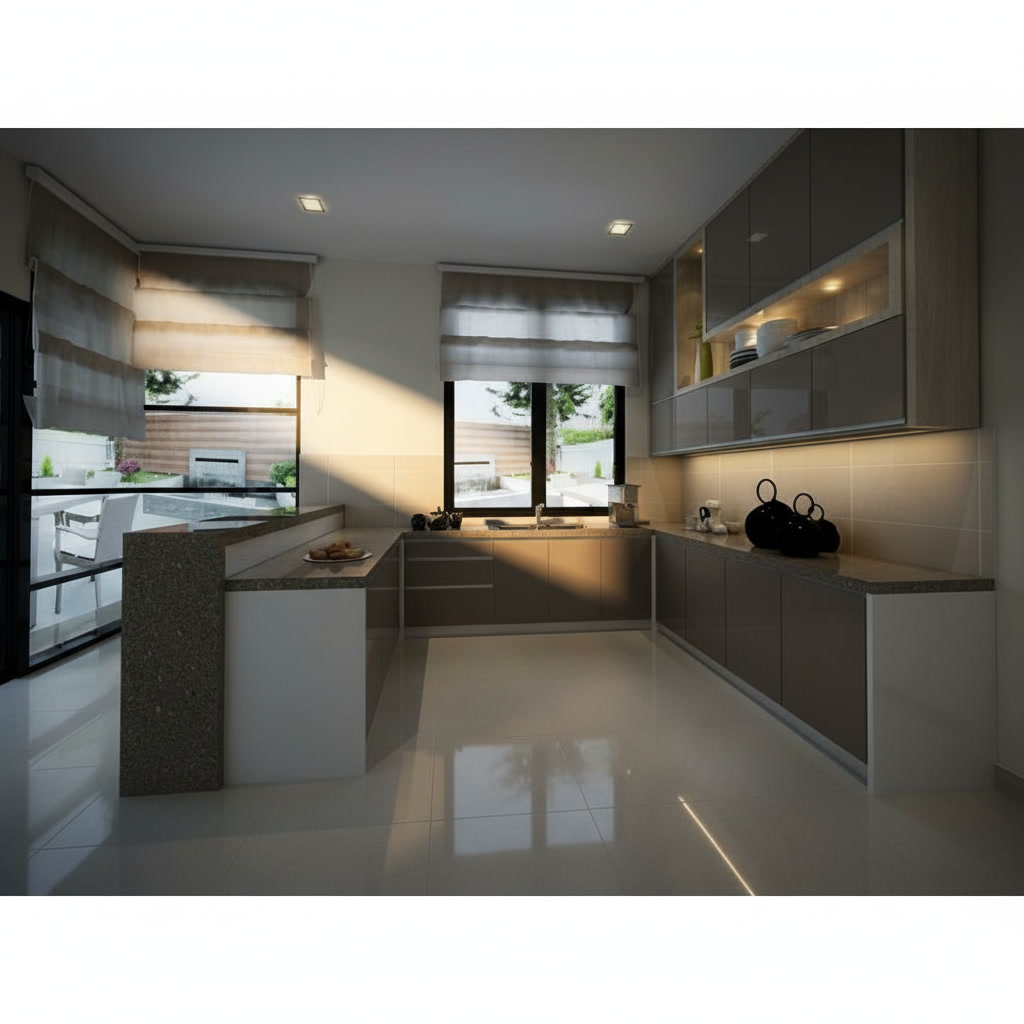 Cucina moderna lineare in legno laccato greige con piano in quarzite, sportelli e ripiani