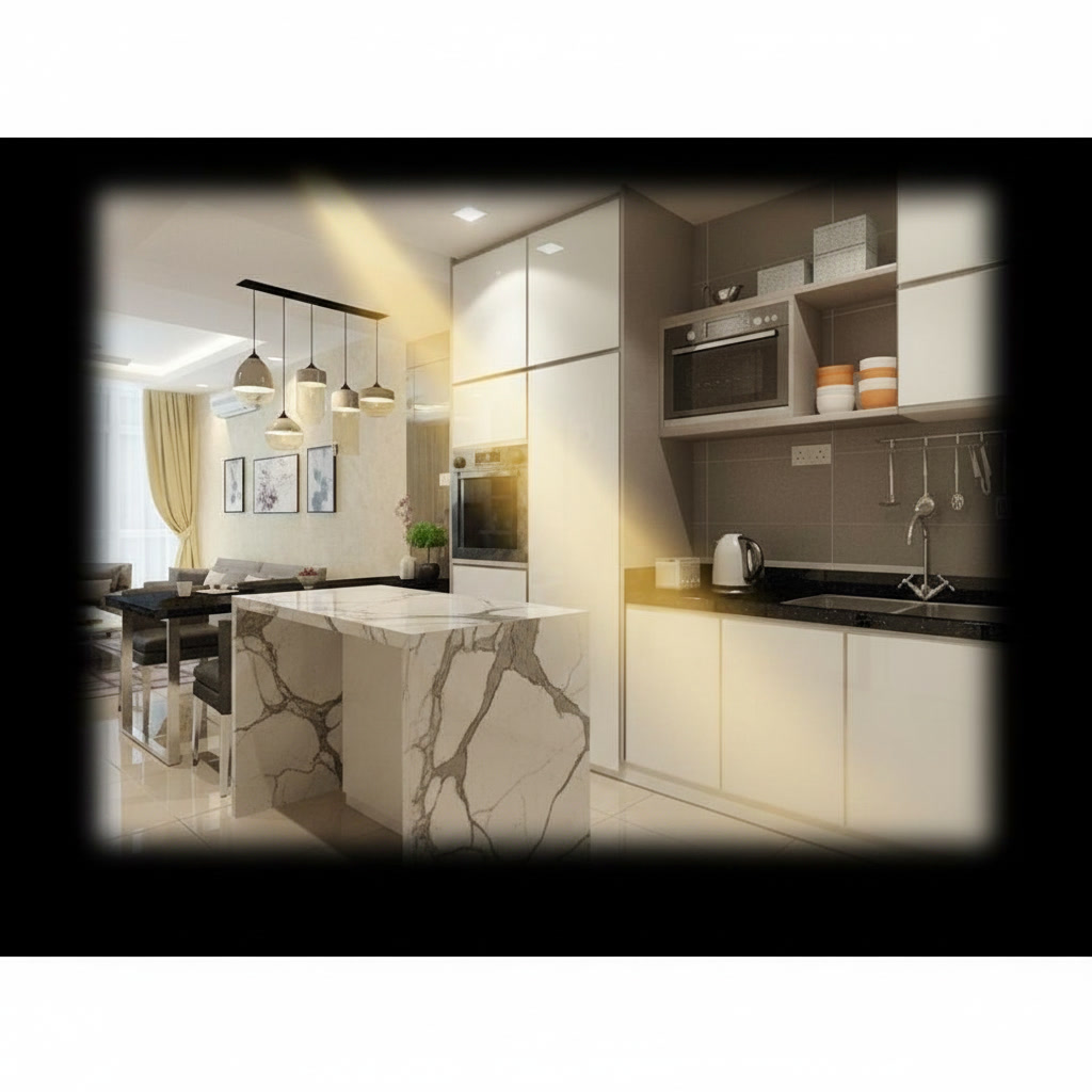 Cucina in legno laccato crema con piano in gres scuro, tavolo angolare e colonna forno