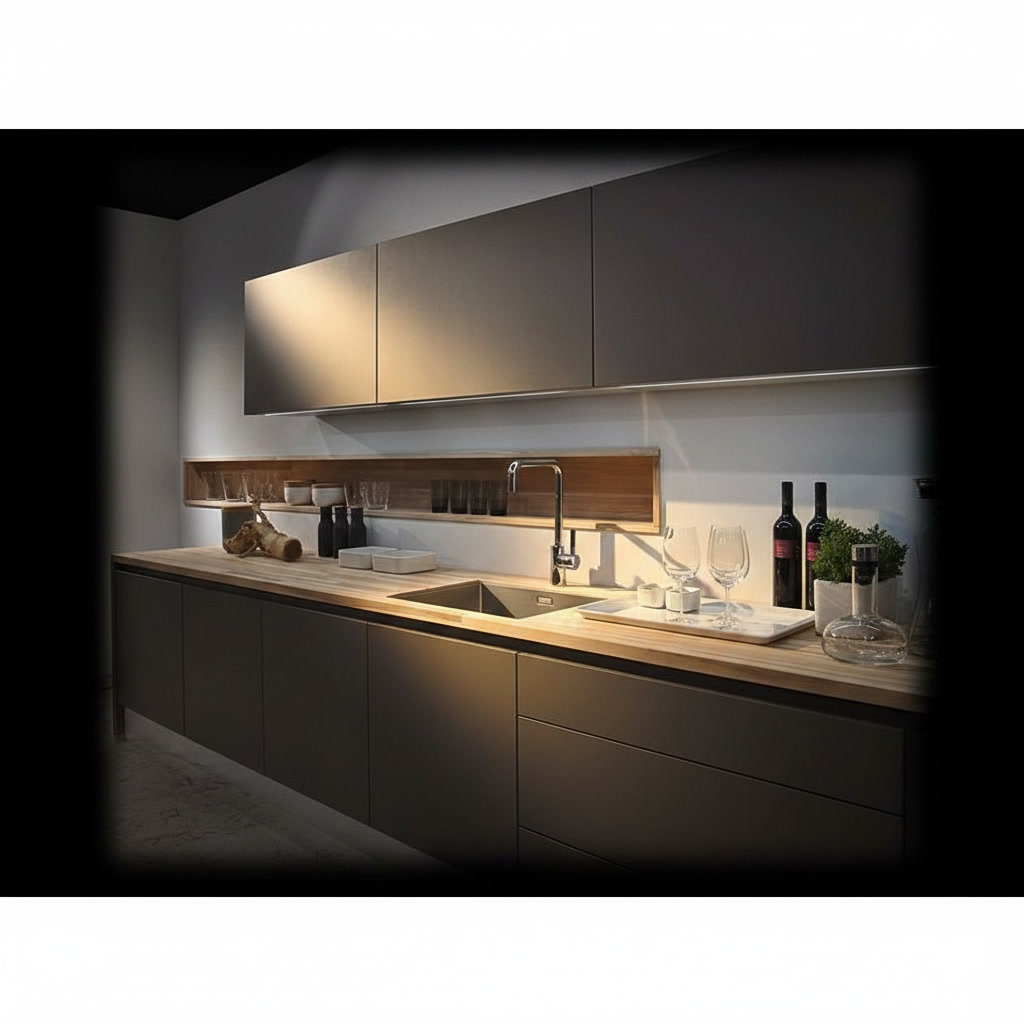 Cucina in legno laccato tortora con piano in gres effetto legno, lavello, ripiano e credenza