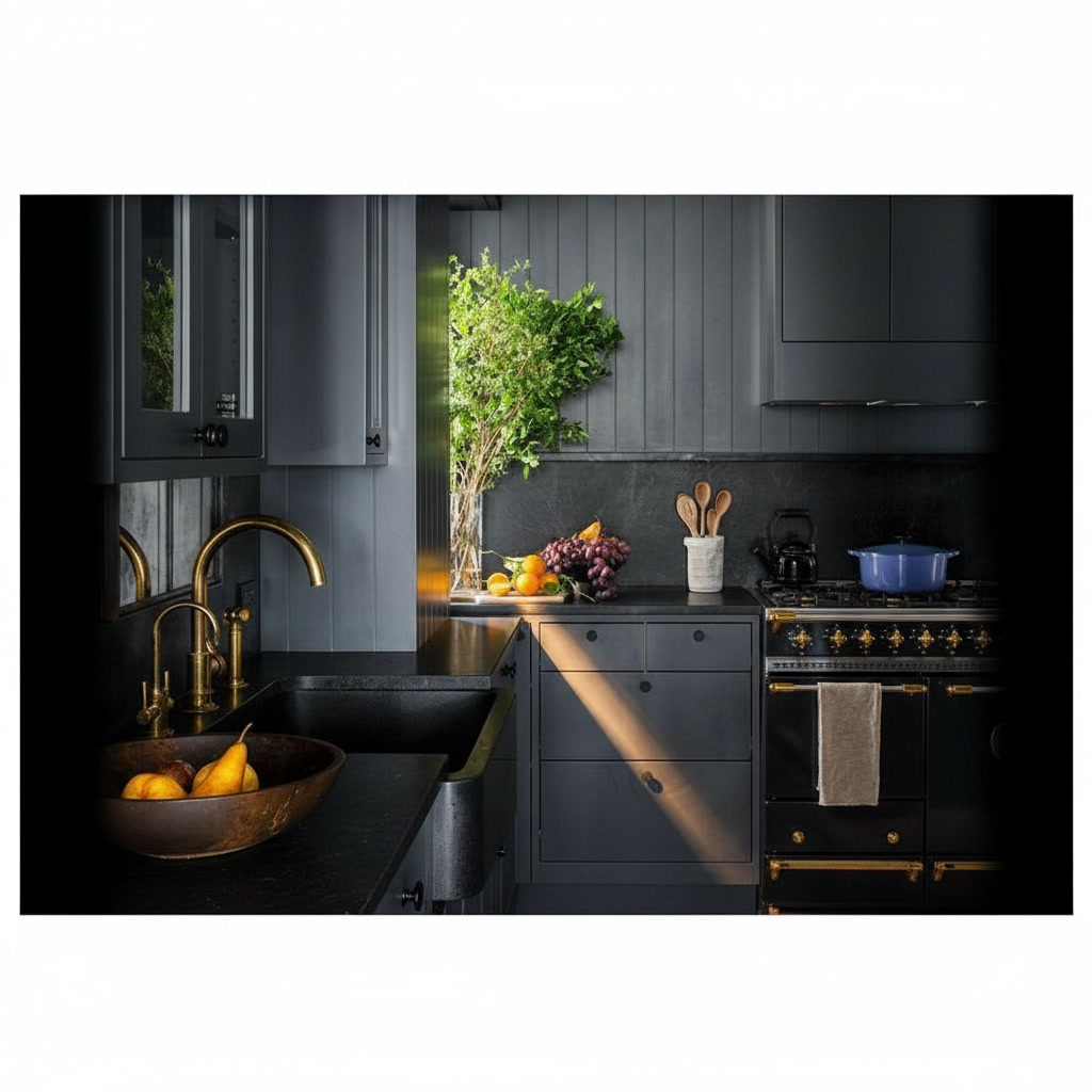 Cucina in legno laccato grafite con piano in travertino nero, forno e lavello integrato