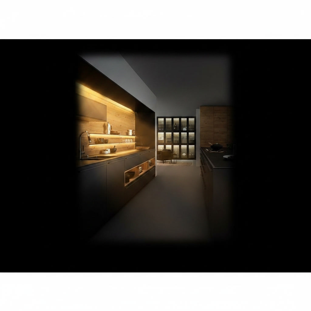 Cucina in legno laccato nero con sportelli e top in laminam e lavello integrato nel piano