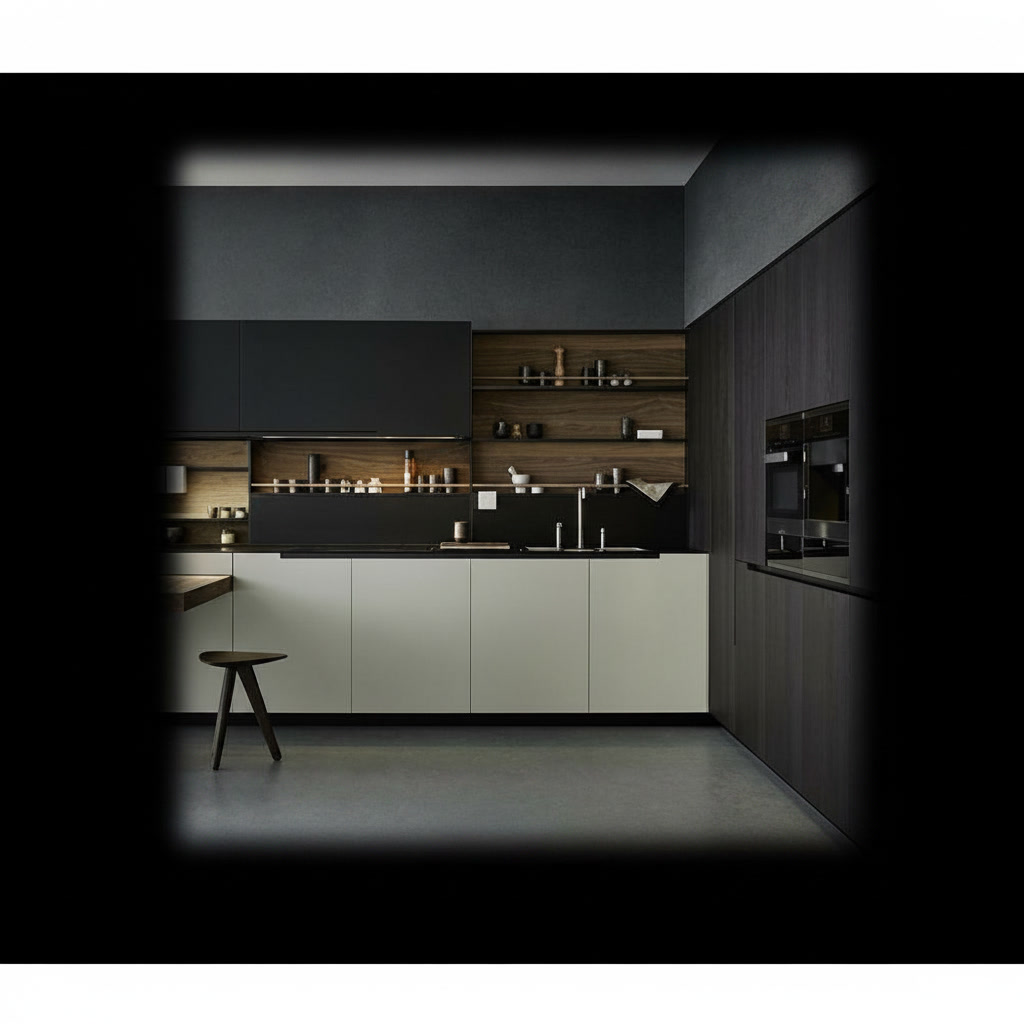 Cucina in legno con sportelli in gres, basi avorio, pensili grafite e nicchia in legno