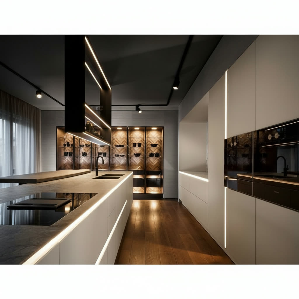 Cucina in legno laccato crema con piano in gres porcellanato, luci led e nicchie espositive