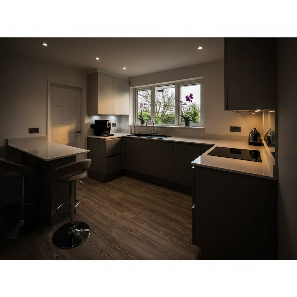Cucina in legno laccato grigio con piano bianco, lavello, induzione e tavolino da bar