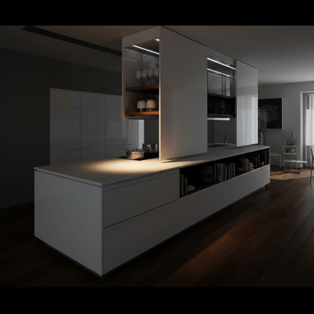 Cucina ad isola in legno laccato bianco con piano in gres lucido e ripiani centrali a giorno