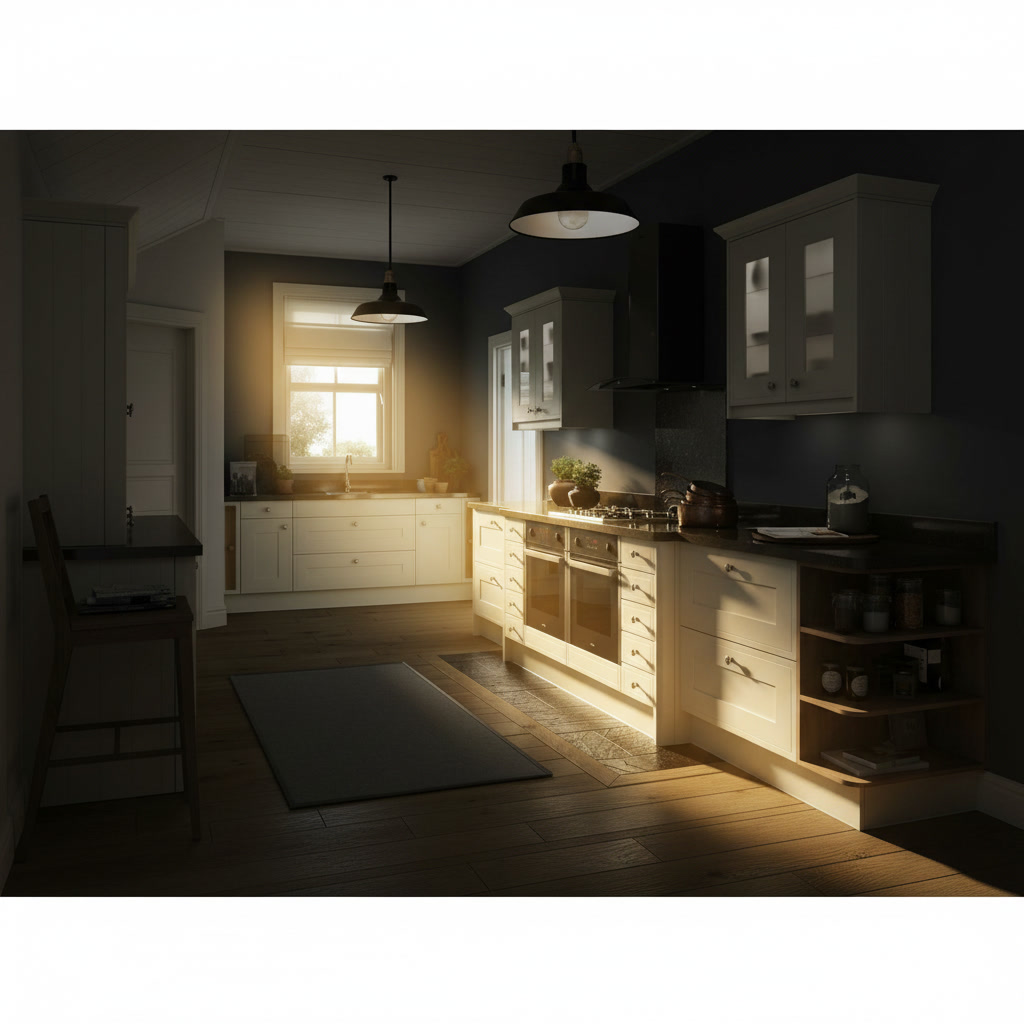 Cucina in legno laccato crema con piano in gres lucido scuro, lavello centrale e cucina nera