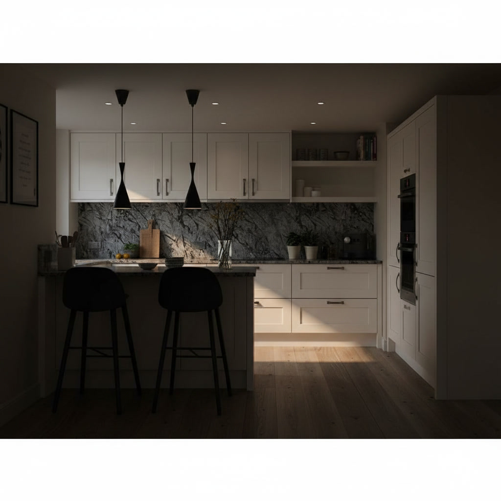 Cucina in legno laccato bianco con piano e top in marmo e schienale in marmo venato grigio