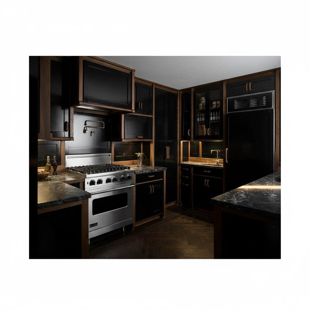 Cucina in legno massello con sportelli neri, piani in legno, fornelli professionali e forno